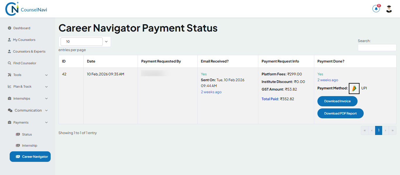 Career Navigator Payment Status